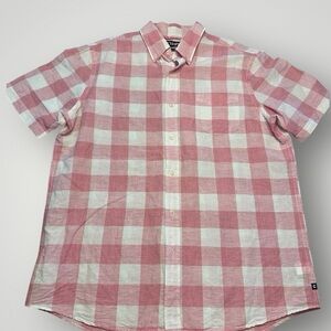 Chaps Pink White Checked Linen Blend Short Sleeve Button Down Mens Shirt Size XL
